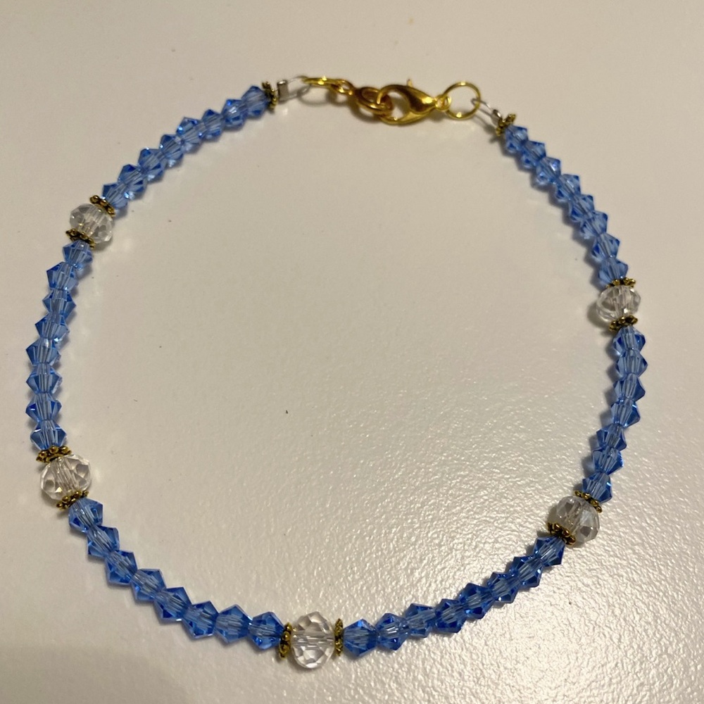 Delicate Blue Crystal Beaded Ankle Bracelet with Gold Accents